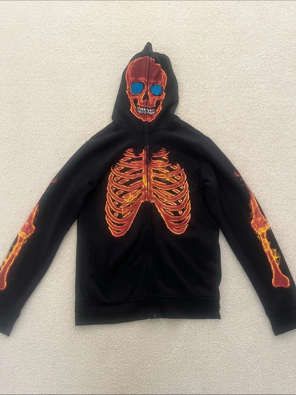 Tony Hawk Black Hoodie with Orange Flame Skull and Blue Eye Accents